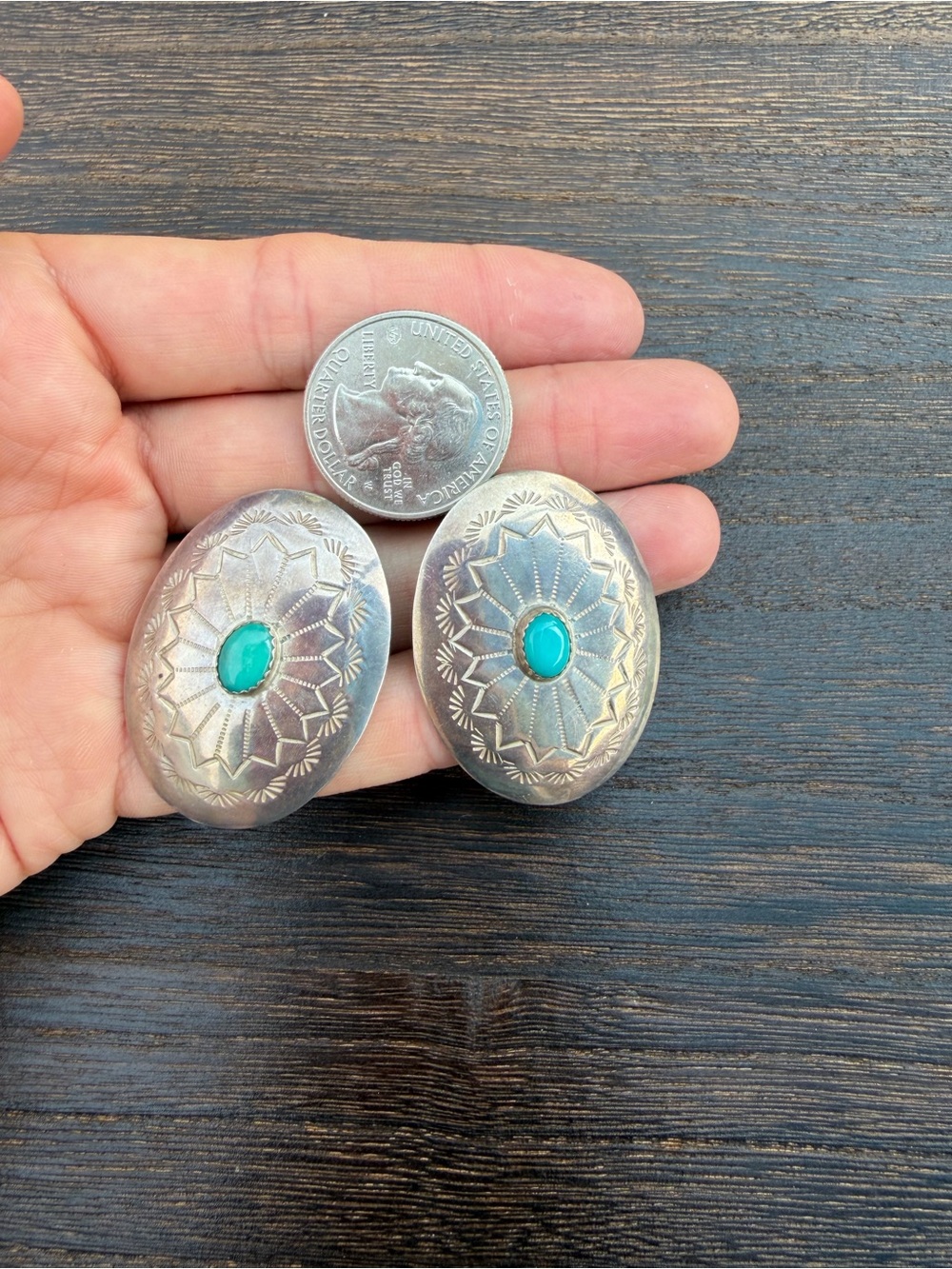 Concho and Turquoise Oval Sterling Silver Earrings - Vintage Native Handmade - Picture 4 of 5